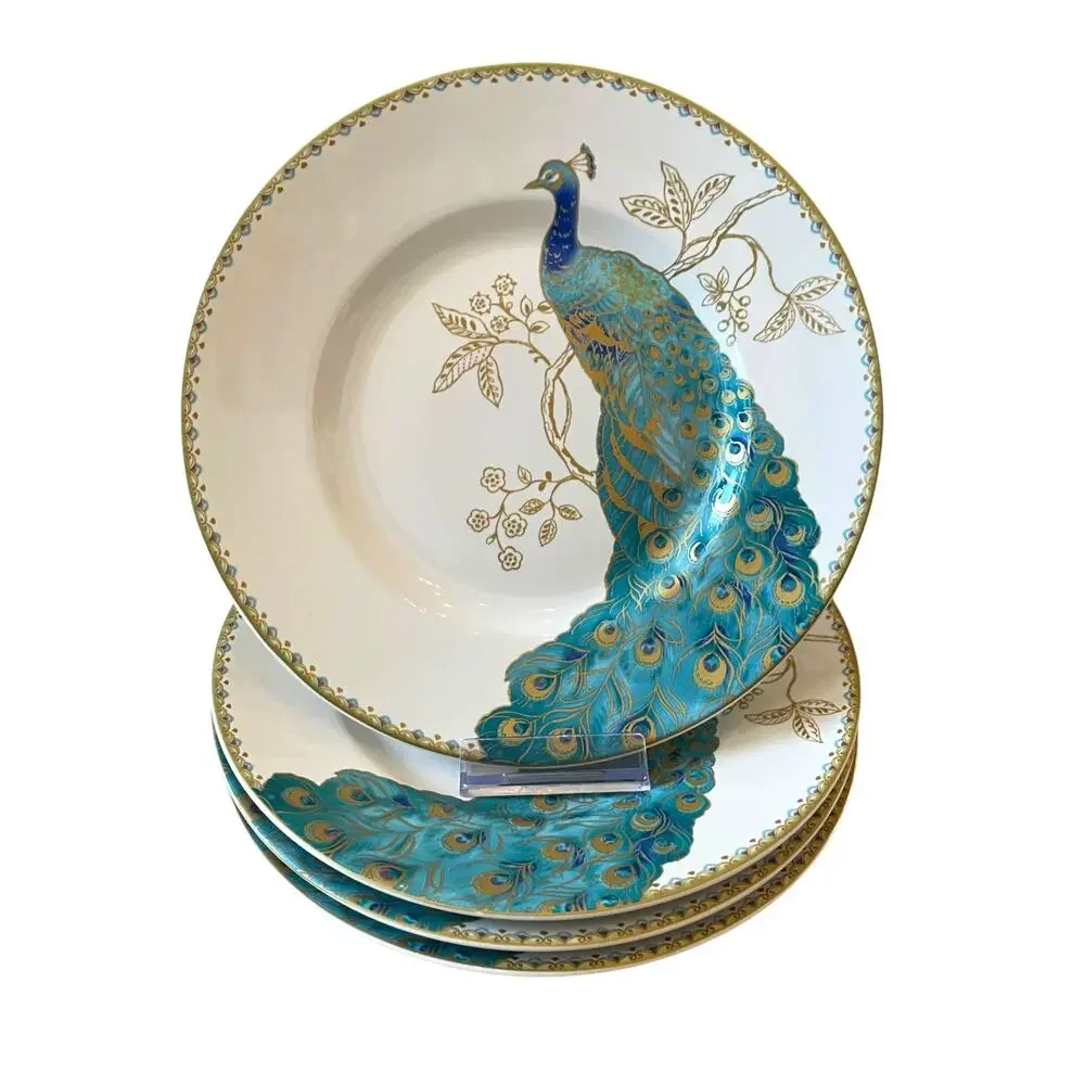 4pc 222 FIFTH Peacock Garden Porcelain Salad Plate Set Teal Gold Floral Scroll